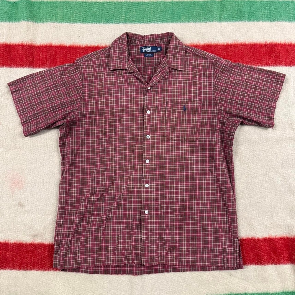 Vintage Polo Ralph Lauren Adams Plaid Camp Loop Collar Shirt Mens L Red Burgundy